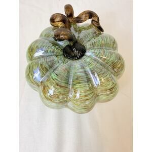 Hand Blown Art Glass Pumpkin Green Swirl Twisted Stem Studio Fall Decor